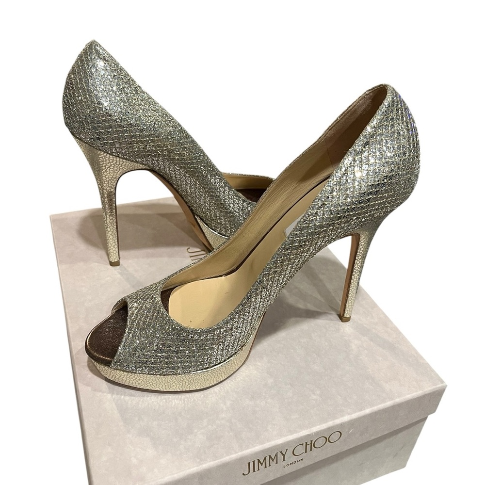Jimmy Choo Luna Peep Toe Pumps in Champagne Glitter
